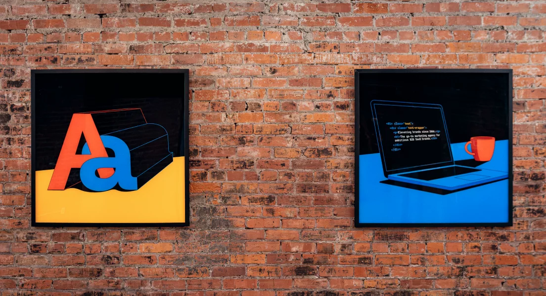 Tiller branded artwork on a brick wall