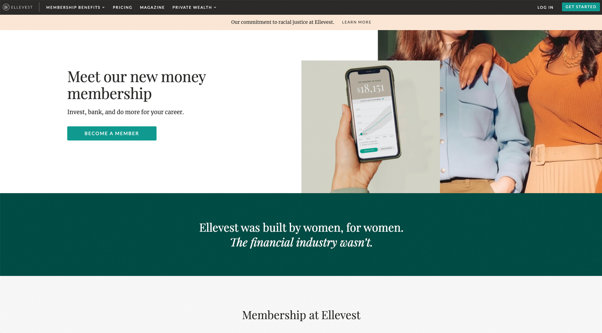 Screenshot of Ellevest, a financial website homepage