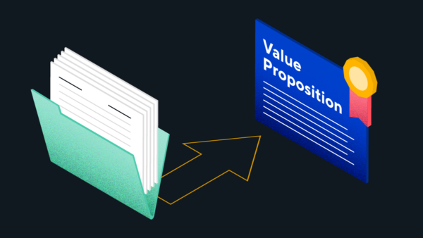 Graphic with a file folder full of documents that gets translated into a clear value proposition