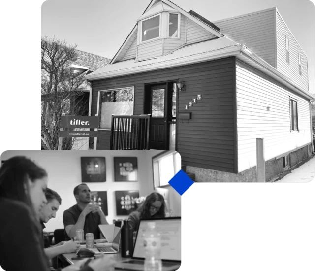 Image of the very first office "shack" and team members