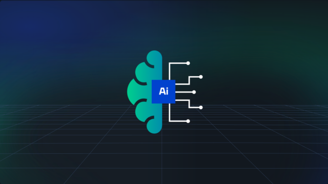 Graphic of half brain and half data with the text AI in the center